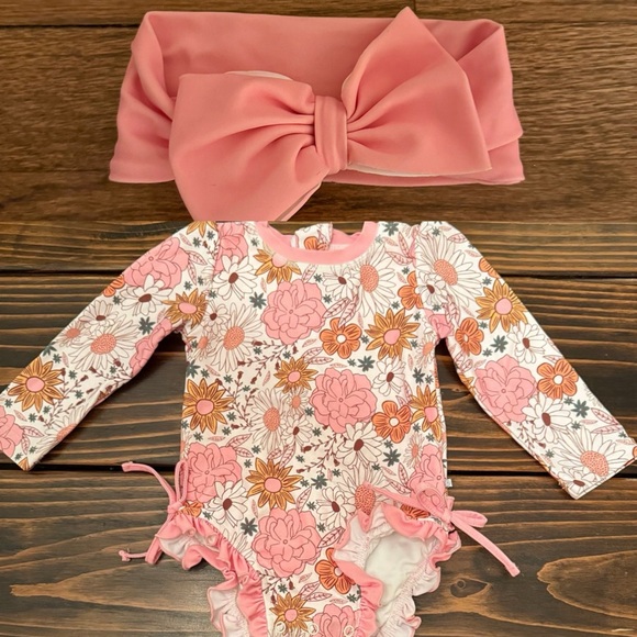 Caden Lane Other - Caden Lane Boho Floral Long Sleeve Swimsuit with swim Headband 6-12 Months